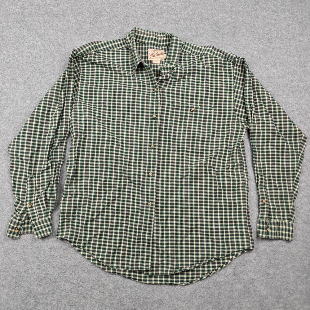 Woolrich Shirt Mens Large Green Plaid 100% Cotton Long Sleeve Button-Up